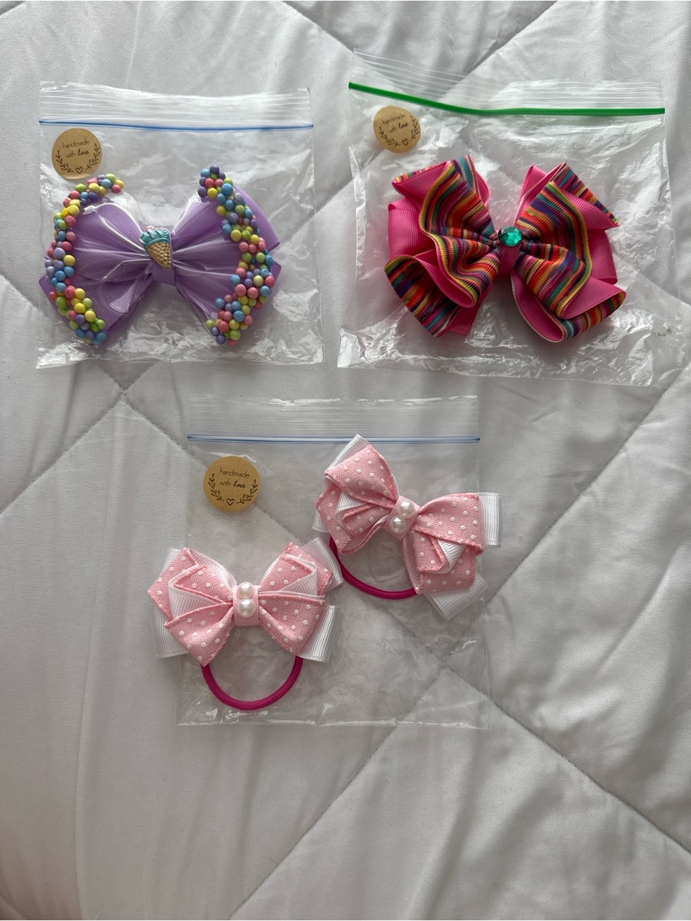 Handmade Kids Hair Bows - Lavender, Hot Pink, Light Pink - Set of 3